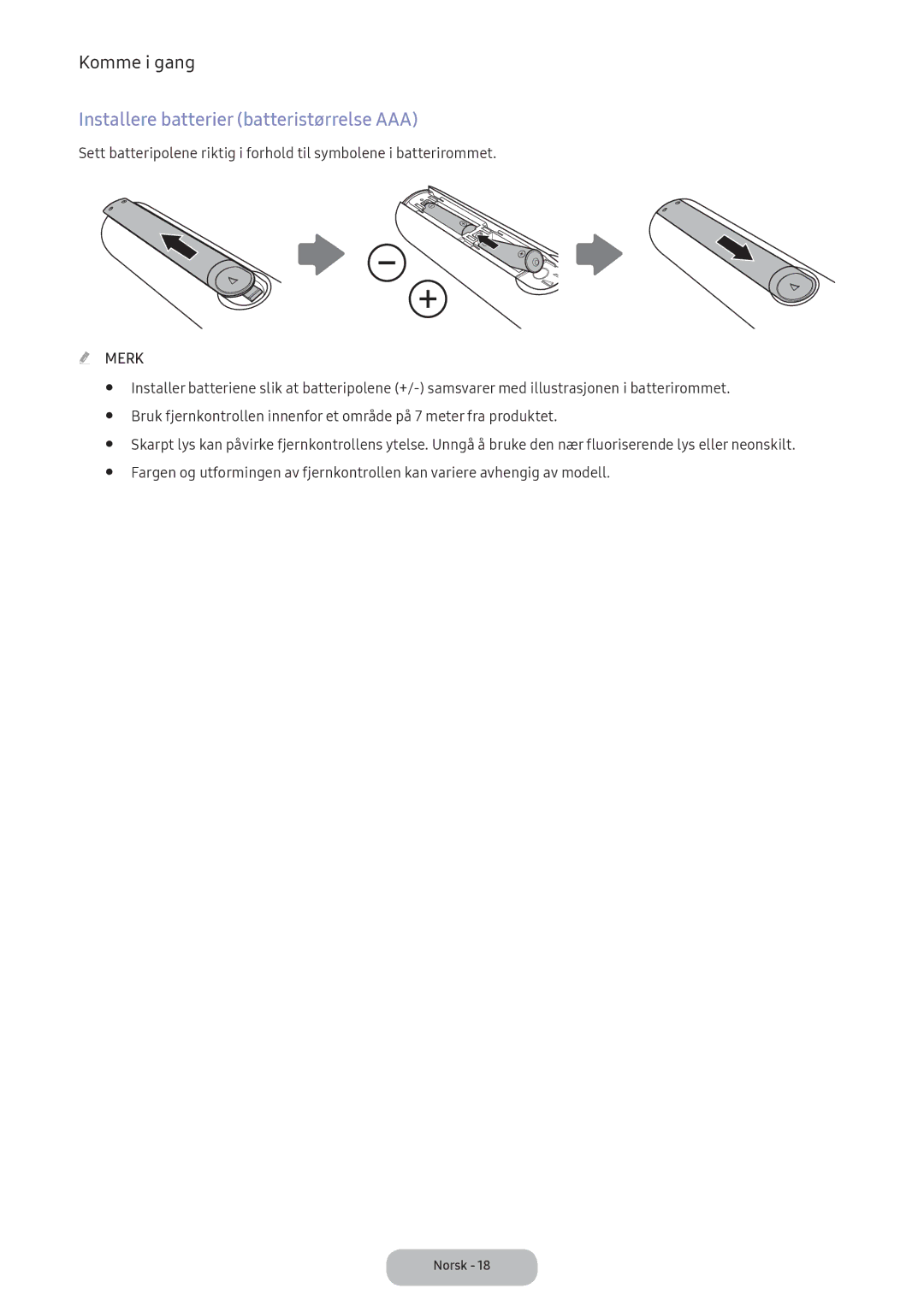 Samsung LT24E390EX/XE manual Installere batterier batteristørrelse AAA, Merk 