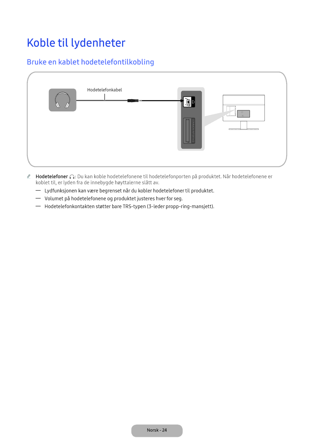 Samsung LT24E390EX/XE manual Koble til lydenheter, Bruke en kablet hodetelefontilkobling 