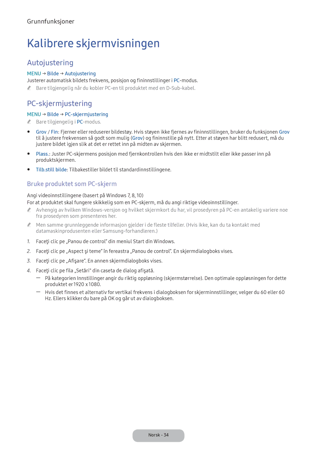 Samsung LT24E390EX/XE manual Kalibrere skjermvisningen, Autojustering, PC-skjermjustering, Bruke produktet som PC-skjerm 