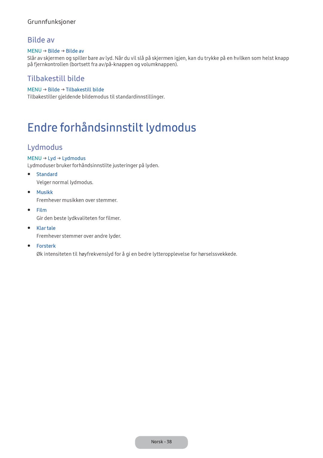 Samsung LT24E390EX/XE manual Endre forhåndsinnstilt lydmodus, Bilde av, Tilbakestill bilde, Lydmodus 