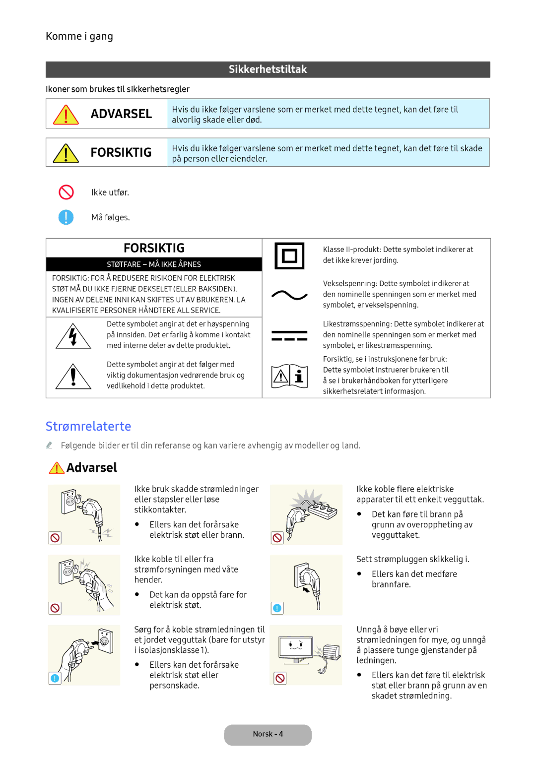 Samsung LT24E390EX/XE manual Strømrelaterte, Alvorlig skade eller død, På person eller eiendeler, Ikke utfør Må følges 