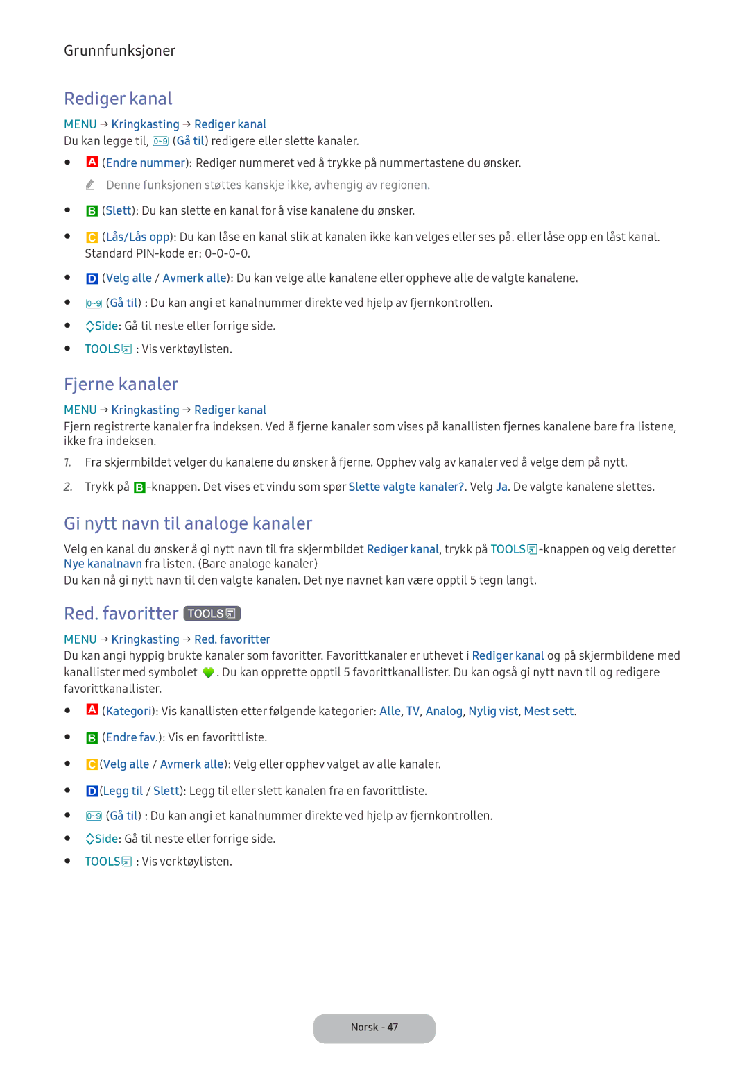 Samsung LT24E390EX/XE manual Rediger kanal, Fjerne kanaler, Gi nytt navn til analoge kanaler, Red. favoritter t 