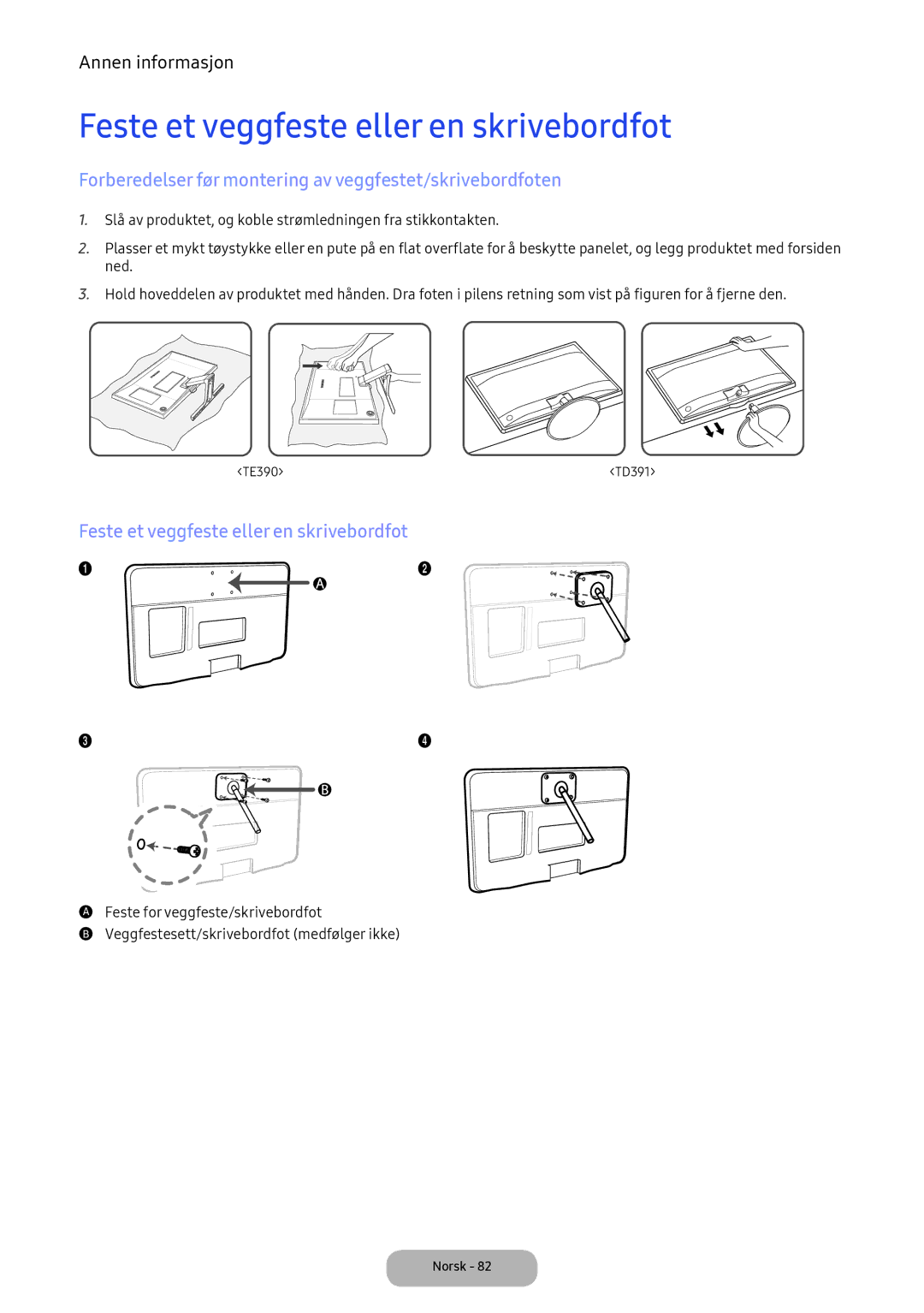 Samsung LT24E390EX/XE Feste et veggfeste eller en skrivebordfot, Forberedelser før montering av veggfestet/skrivebordfoten 