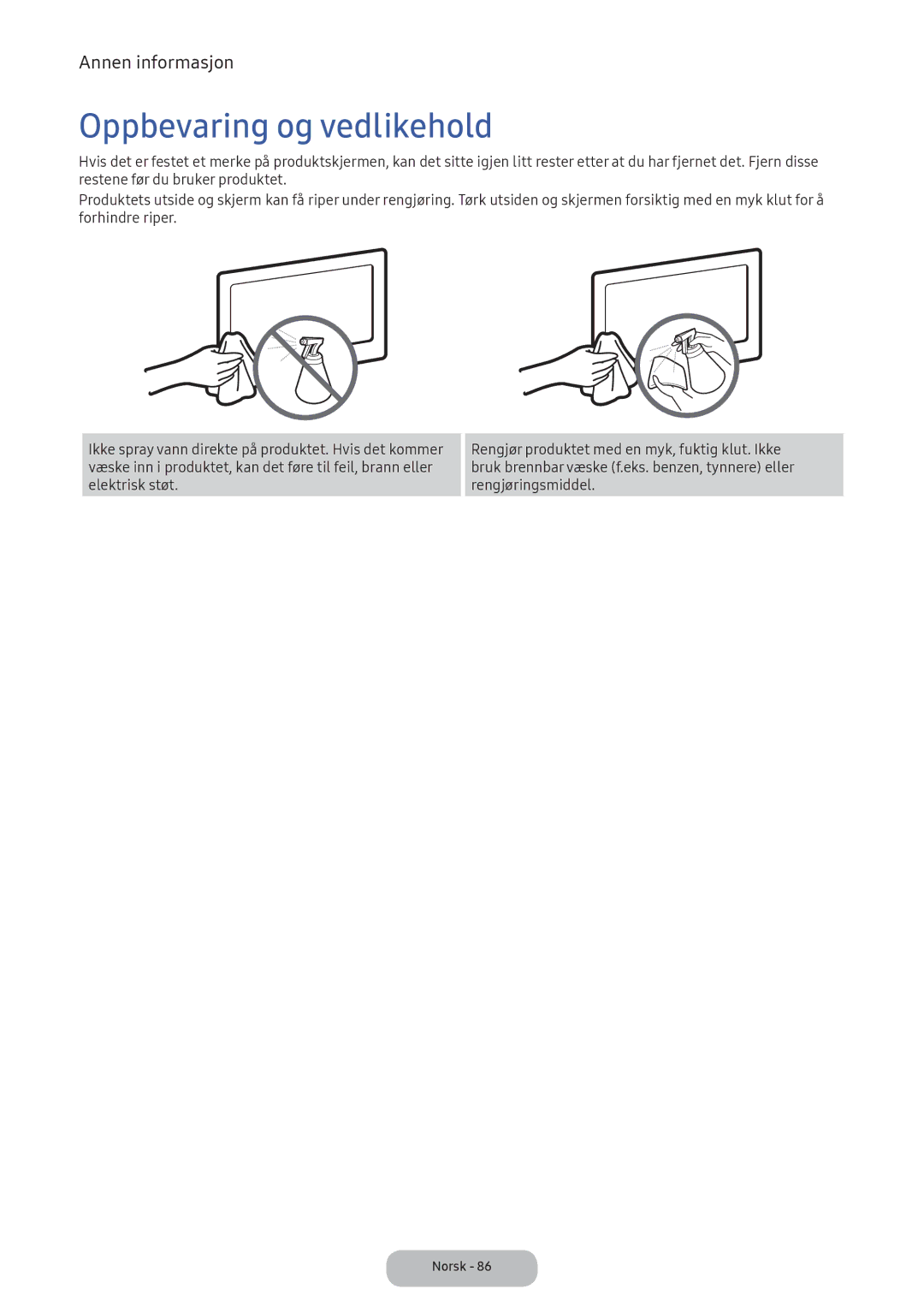 Samsung LT24E390EX/XE manual Oppbevaring og vedlikehold 