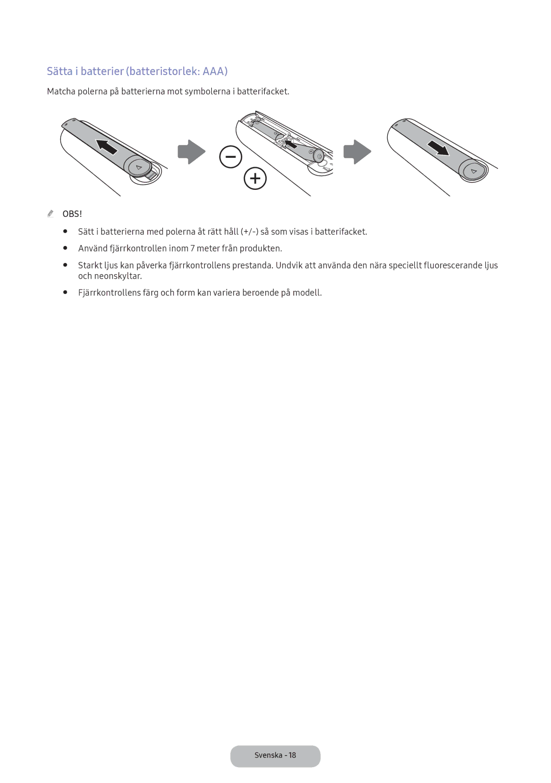 Samsung LT24E390EX/XE manual Sätta i batterier batteristorlek AAA, Använd fjärrkontrollen inom 7 meter från produkten 