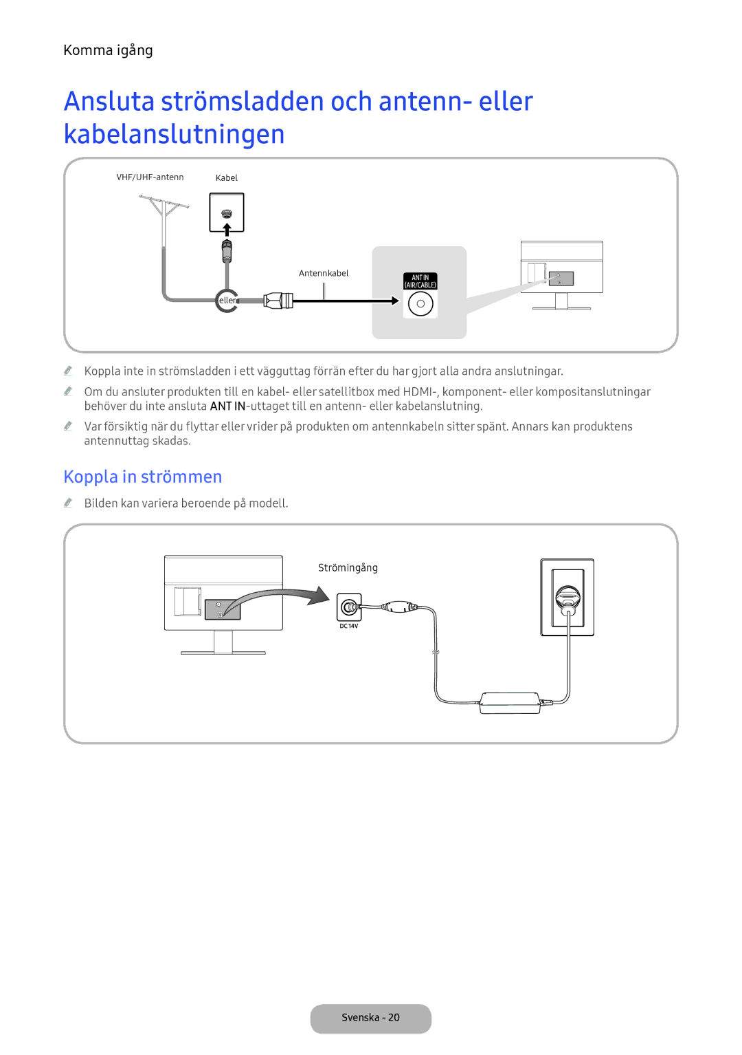 Samsung LT24E390EX/XE manual Ansluta strömsladden och antenn- eller kabelanslutningen, Koppla in strömmen 