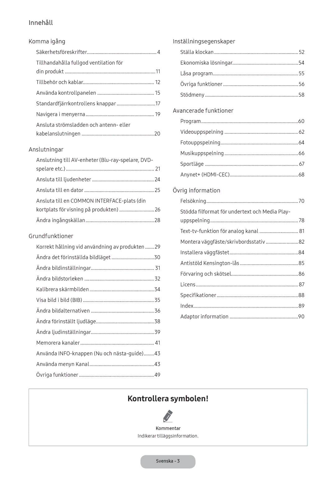 Samsung LT24E390EX/XE manual Tillhandahålla fullgod ventilation för, Ansluta strömsladden och antenn- eller 