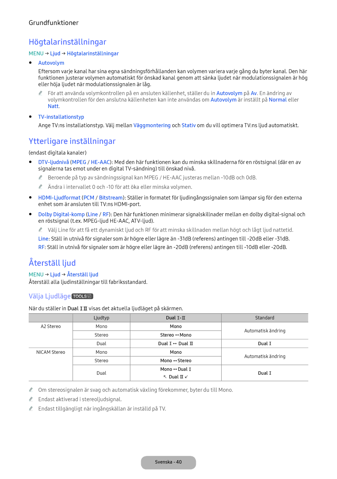 Samsung LT24E390EX/XE manual Högtalarinställningar, Ytterligare inställningar, Återställ ljud, Välja Ljudläget 