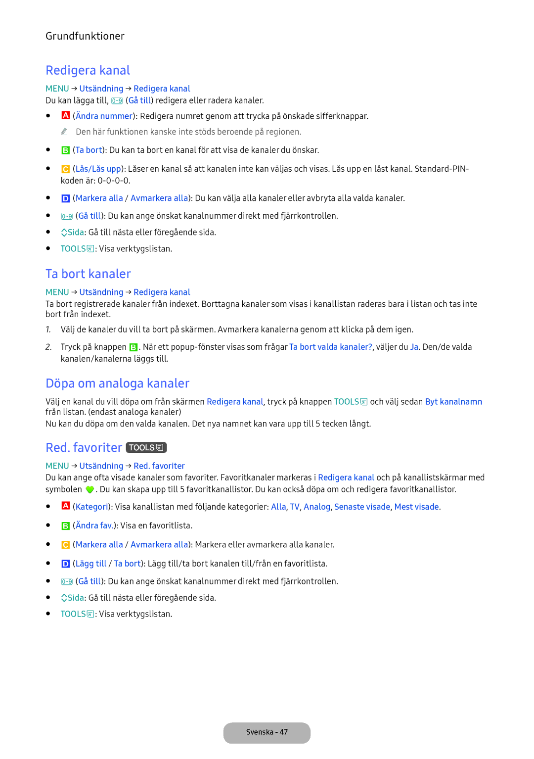 Samsung LT24E390EX/XE manual Redigera kanal, Ta bort kanaler, Döpa om analoga kanaler, Red. favoriter t 