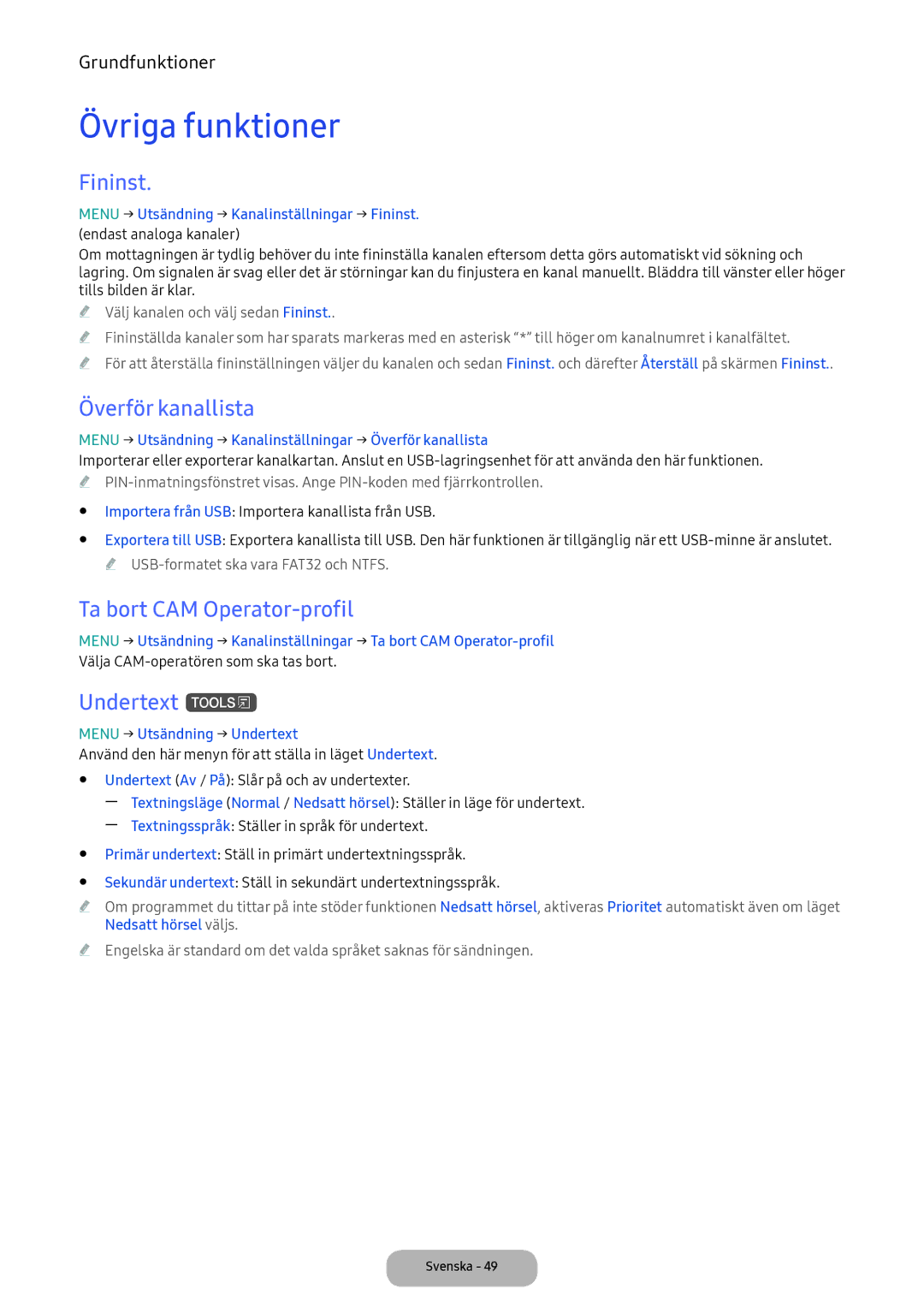 Samsung LT24E390EX/XE manual Övriga funktioner, Fininst, Överför kanallista, Ta bort CAM Operator-profil, Undertext t 