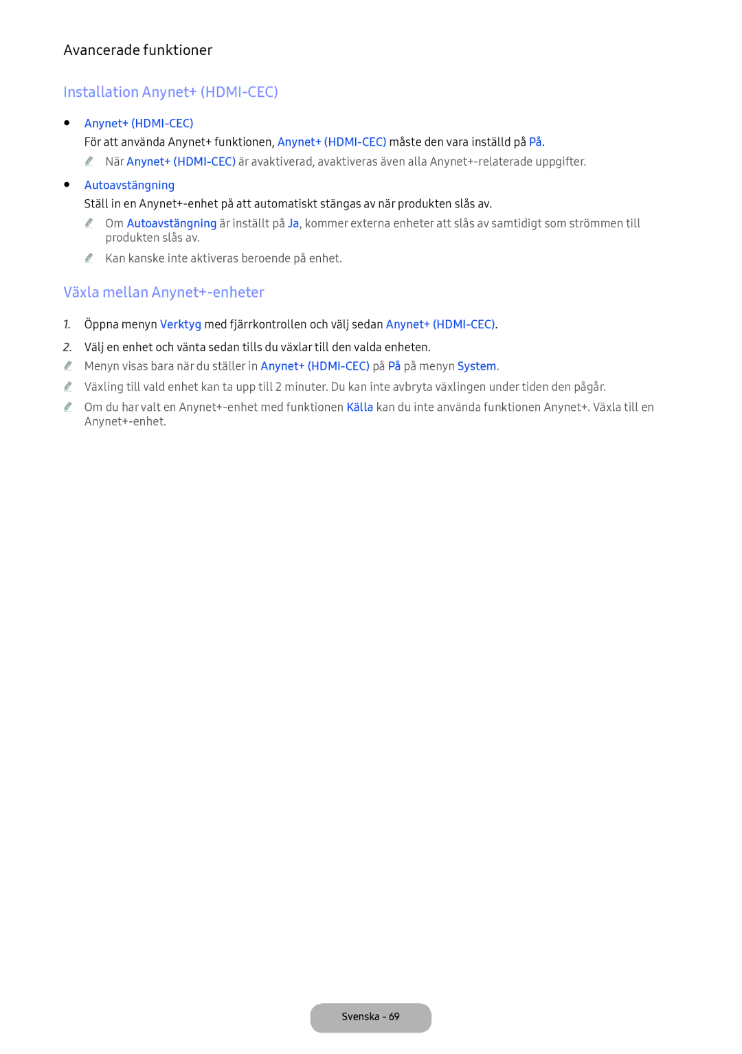 Samsung LT24E390EX/XE manual Installation Anynet+ HDMI-CEC, Växla mellan Anynet+-enheter, Autoavstängning 