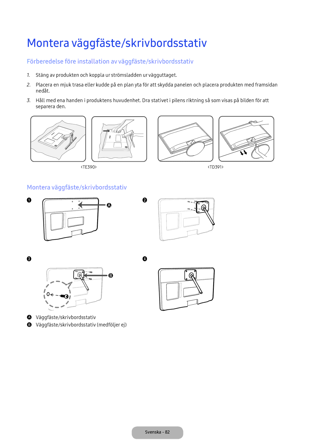 Samsung LT24E390EX/XE manual Montera väggfäste/skrivbordsstativ 