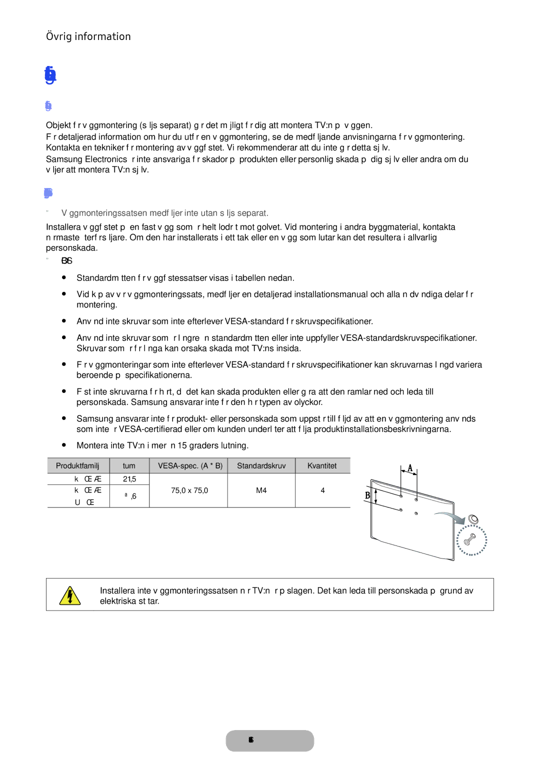 Samsung LT24E390EX/XE Installera väggfästet, Installera väggfästessatsen, Specifikationer för väggmonteringssats Vesa 