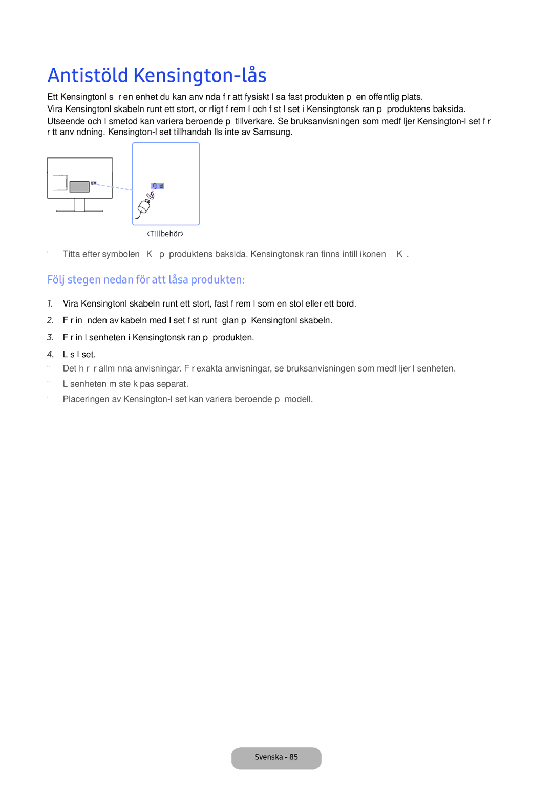 Samsung LT24E390EX/XE manual Antistöld Kensington-lås, Följ stegen nedan för att låsa produkten 