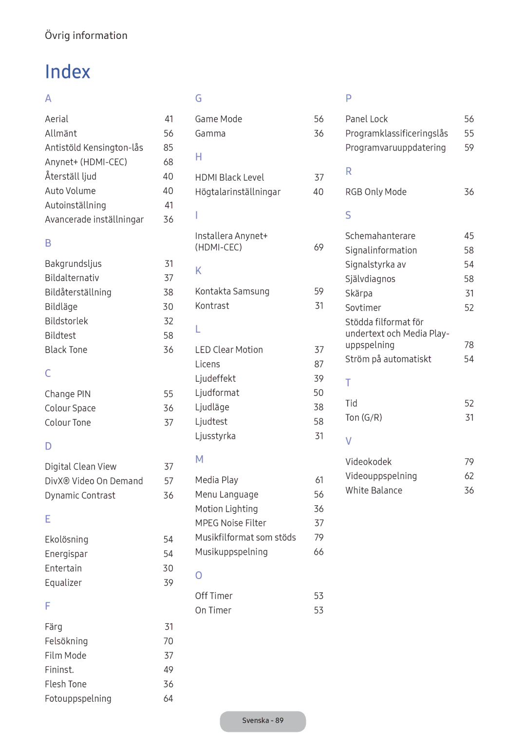 Samsung LT24E390EX/XE manual Index, 31 K, 37 M, 30 O, 39 T 