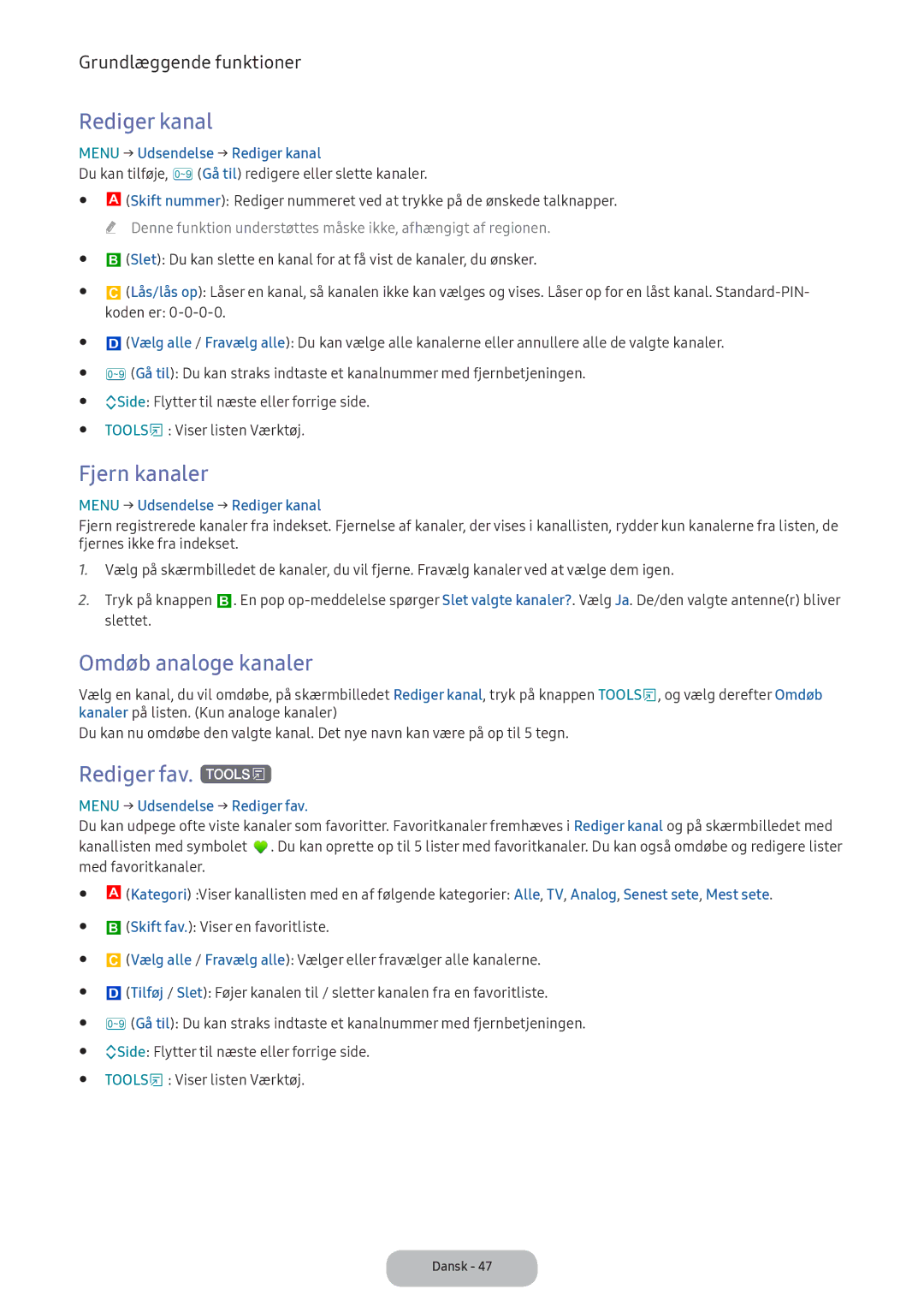 Samsung LT24E390EX/XE manual Rediger kanal, Fjern kanaler, Omdøb analoge kanaler, Rediger fav. t 