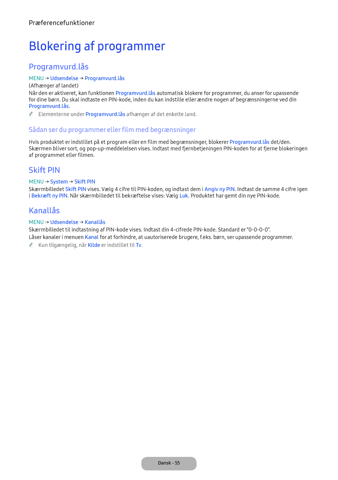 Samsung LT24E390EX/XE manual Blokering af programmer, Programvurd.lås, Skift PIN, Kanallås 