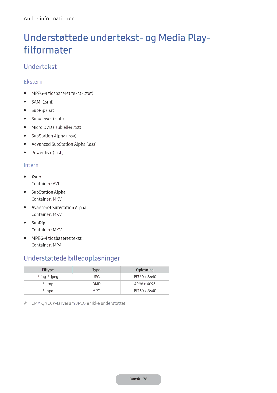 Samsung LT24E390EX/XE Understøttede undertekst- og Media Play- filformater, Undertekst, Understøttede billedopløsninger 