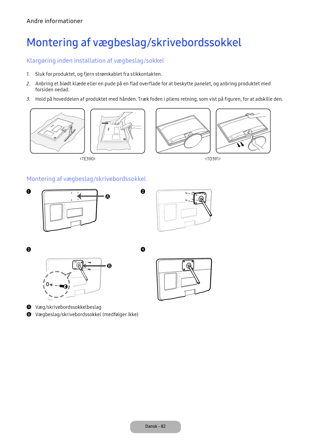 Samsung LT24E390EX/XE manual Montering af vægbeslag/skrivebordssokkel, Klargøring inden installation af vægbeslag/sokkel 