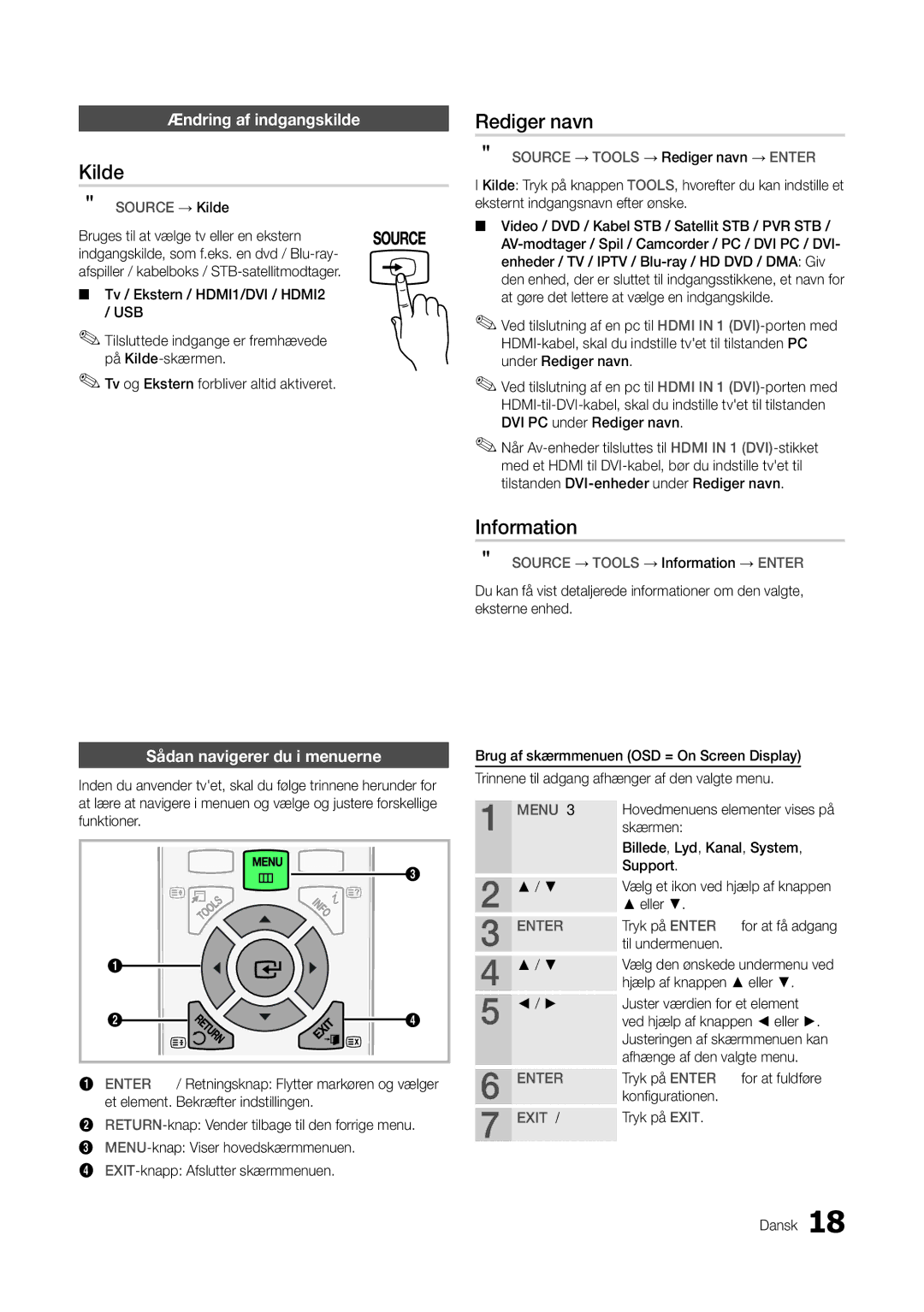 Samsung LT27A300EW/XE, LT22A300EW/XE manual Grundlæggende funktioner, Kilde, Rediger navn, Information 