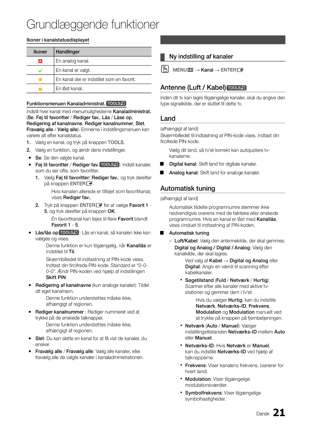 Samsung LT22A300EW/XE manual Antenne Luft / Kabelt, Land, Automatisk tuning, Ny indstilling af kanaler, Menuen Kanal 