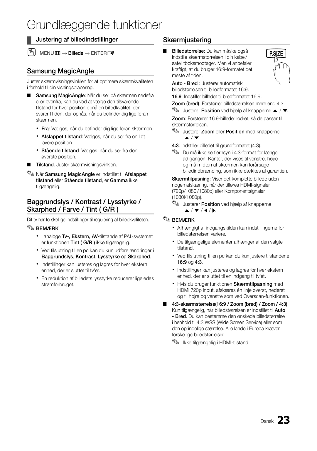 Samsung LT22A300EW/XE, LT27A300EW/XE manual Samsung MagicAngle, Skærmjustering, Justering af billedindstillinger 