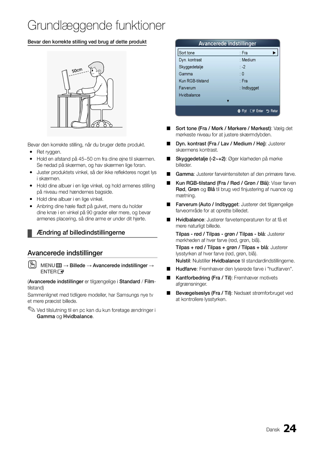 Samsung LT27A300EW/XE, LT22A300EW/XE manual Avancerede indstillinger, Ændring af billedindstillingerne 