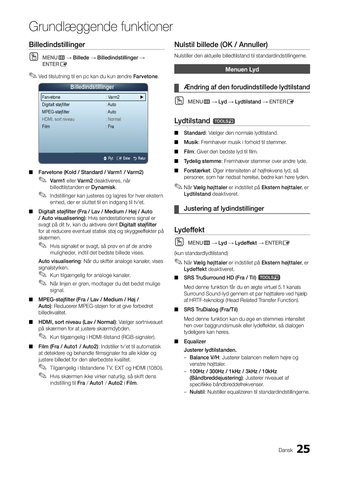 Samsung LT22A300EW/XE, LT27A300EW/XE manual Billedindstillinger, Nulstil billede OK / Annuller, Lydtilstand t, Lydeffekt 