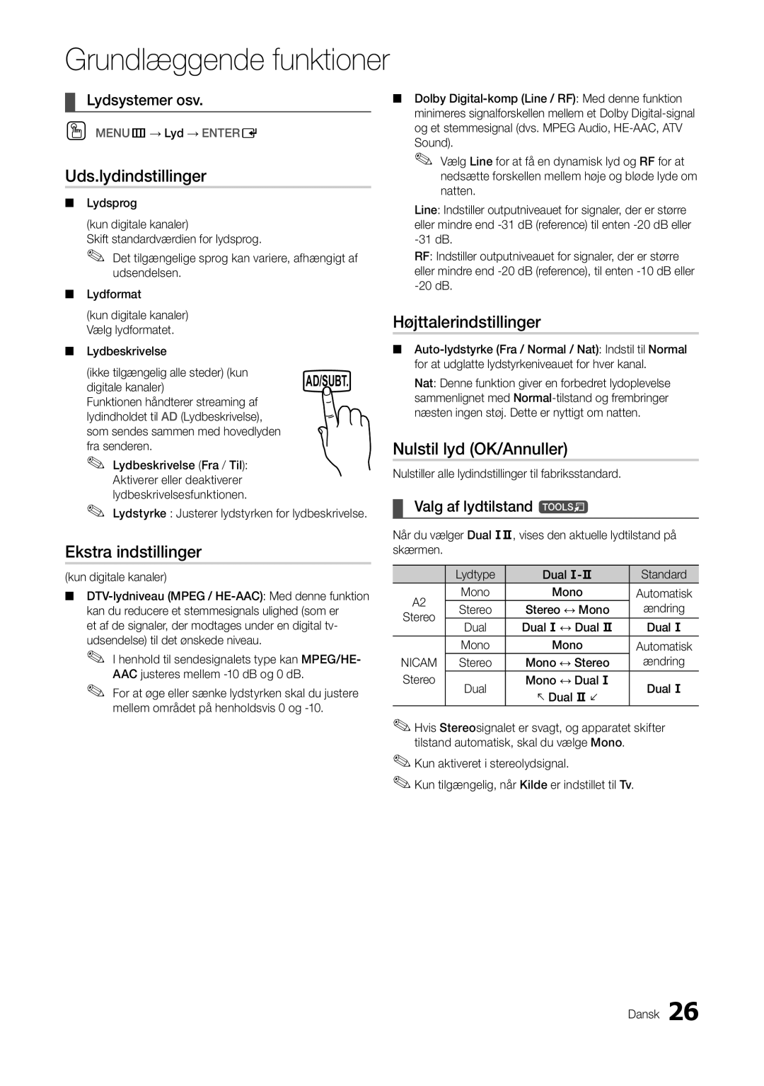 Samsung LT27A300EW/XE manual Uds.lydindstillinger, Ekstra indstillinger, Højttalerindstillinger, Nulstil lyd OK/Annuller 