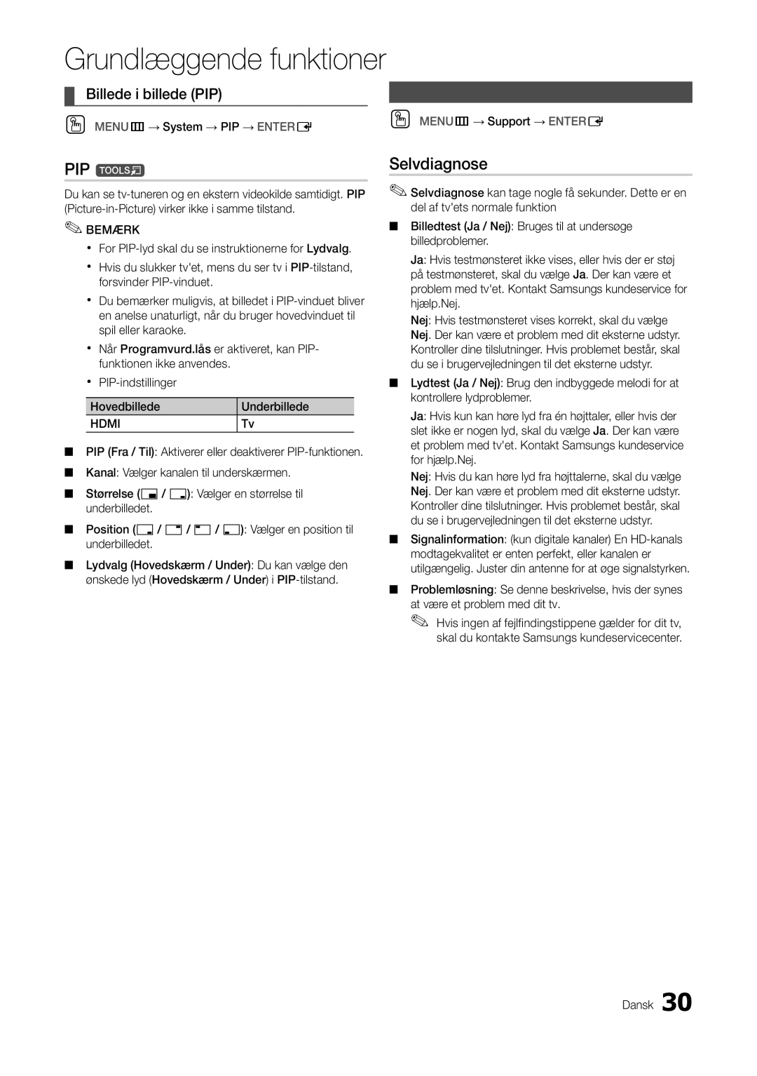 Samsung LT27A300EW/XE, LT22A300EW/XE manual PIP t, Selvdiagnose, Menuen Support 