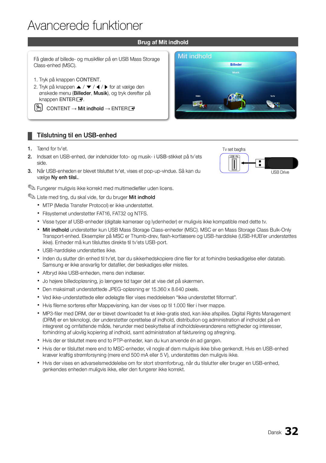 Samsung LT27A300EW/XE manual Avancerede funktioner, Tilslutning til en USB-enhed, Brug af Mit indhold, Tænd for tvet 