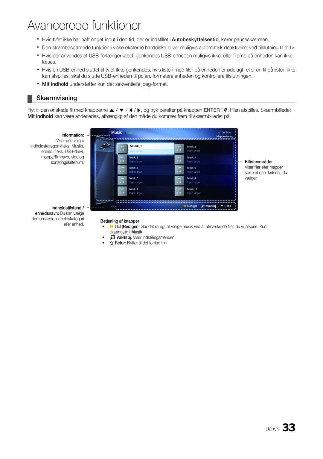 Samsung LT22A300EW/XE, LT27A300EW/XE manual Skærmvisning, Musik SUM 