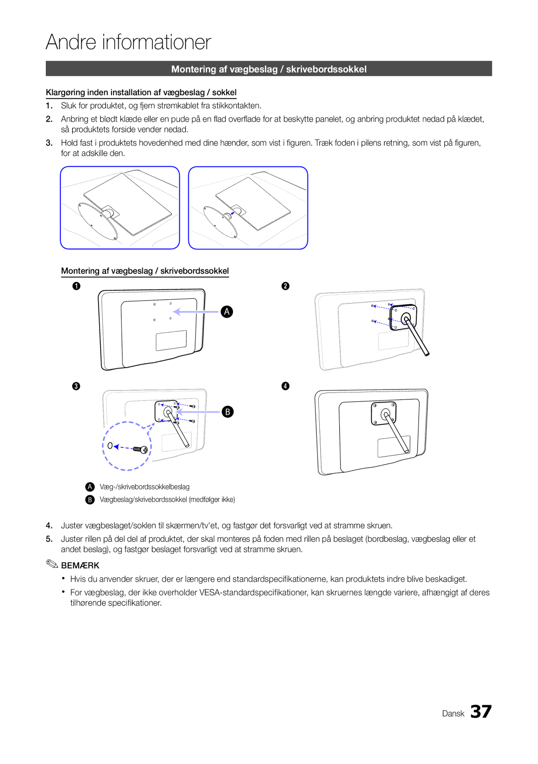 Samsung LT22A300EW/XE, LT27A300EW/XE manual Montering af vægbeslag / skrivebordssokkel 