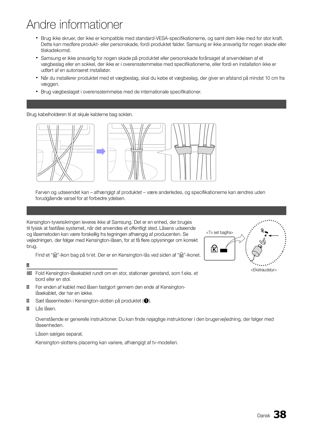 Samsung LT27A300EW/XE, LT22A300EW/XE manual Samling af kablerne, Kensington-tyverisikring 