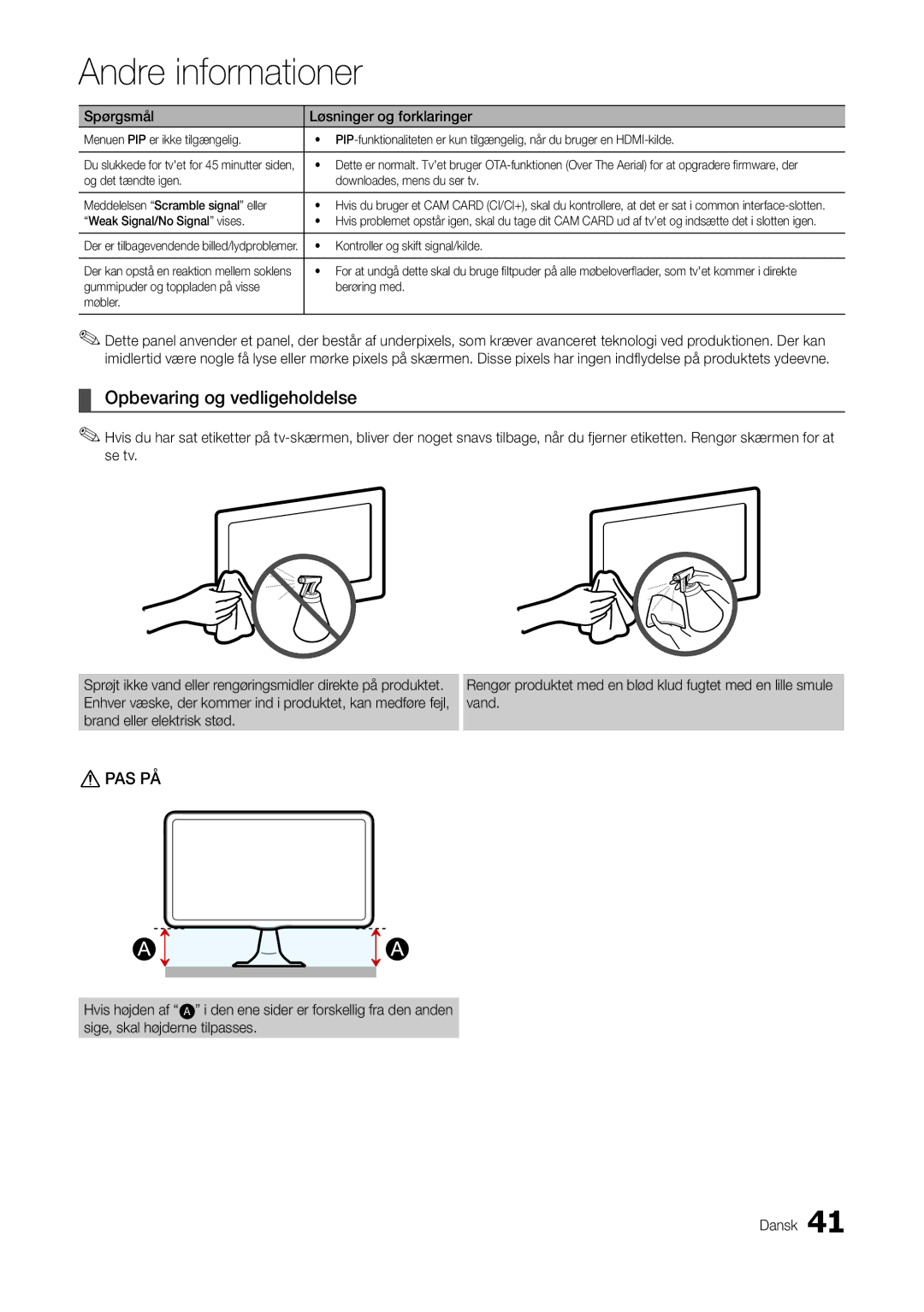 Samsung LT22A300EW/XE, LT27A300EW/XE manual Opbevaring og vedligeholdelse, Weak Signal/No Signal vises 