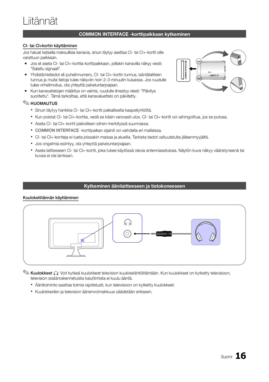 Samsung LT27A300EW/XE manual Common Interface -korttipaikkaan kytkeminen, Kytkeminen äänilaitteeseen ja tietokoneeseen 