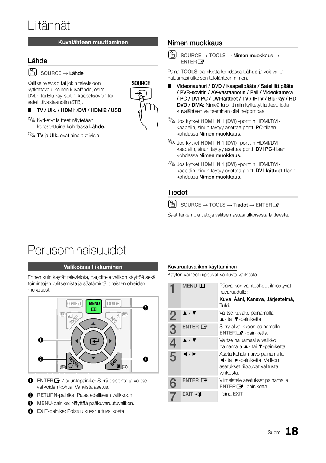 Samsung LT27A300EW/XE, LT22A300EW/XE manual Perusominaisuudet, Lähde, Nimen muokkaus, Tiedot 