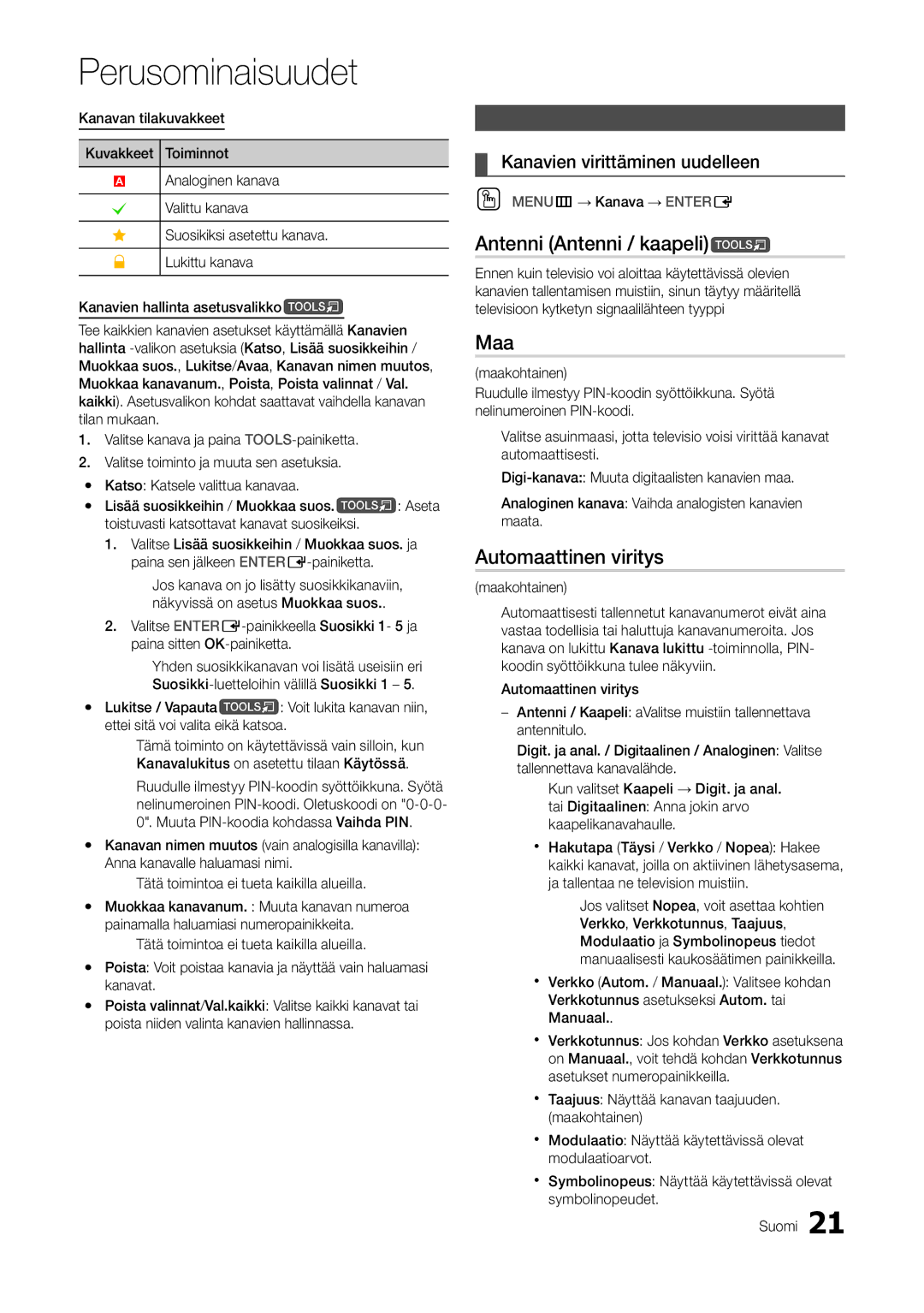 Samsung LT22A300EW/XE manual Antenni Antenni / kaapelit, Maa, Automaattinen viritys, Kanavien virittäminen uudelleen 