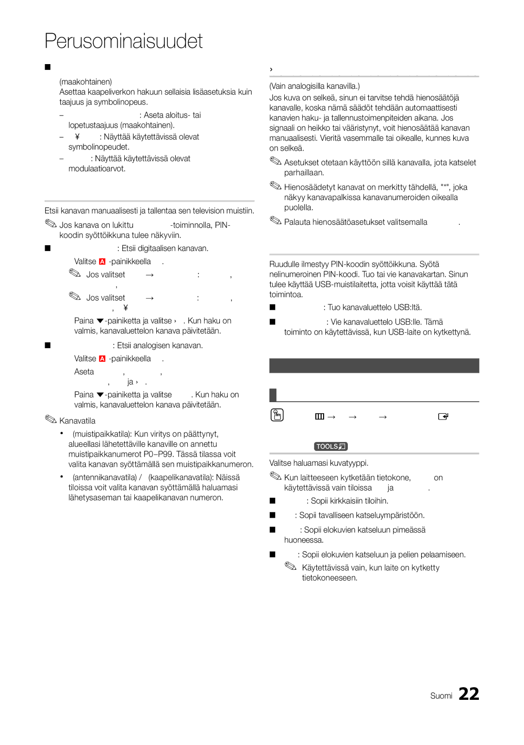 Samsung LT27A300EW/XE, LT22A300EW/XE manual Manuaalinen viritys, Hienosäätö, Kanaviensiirtoluettelo, Kuvatila t 