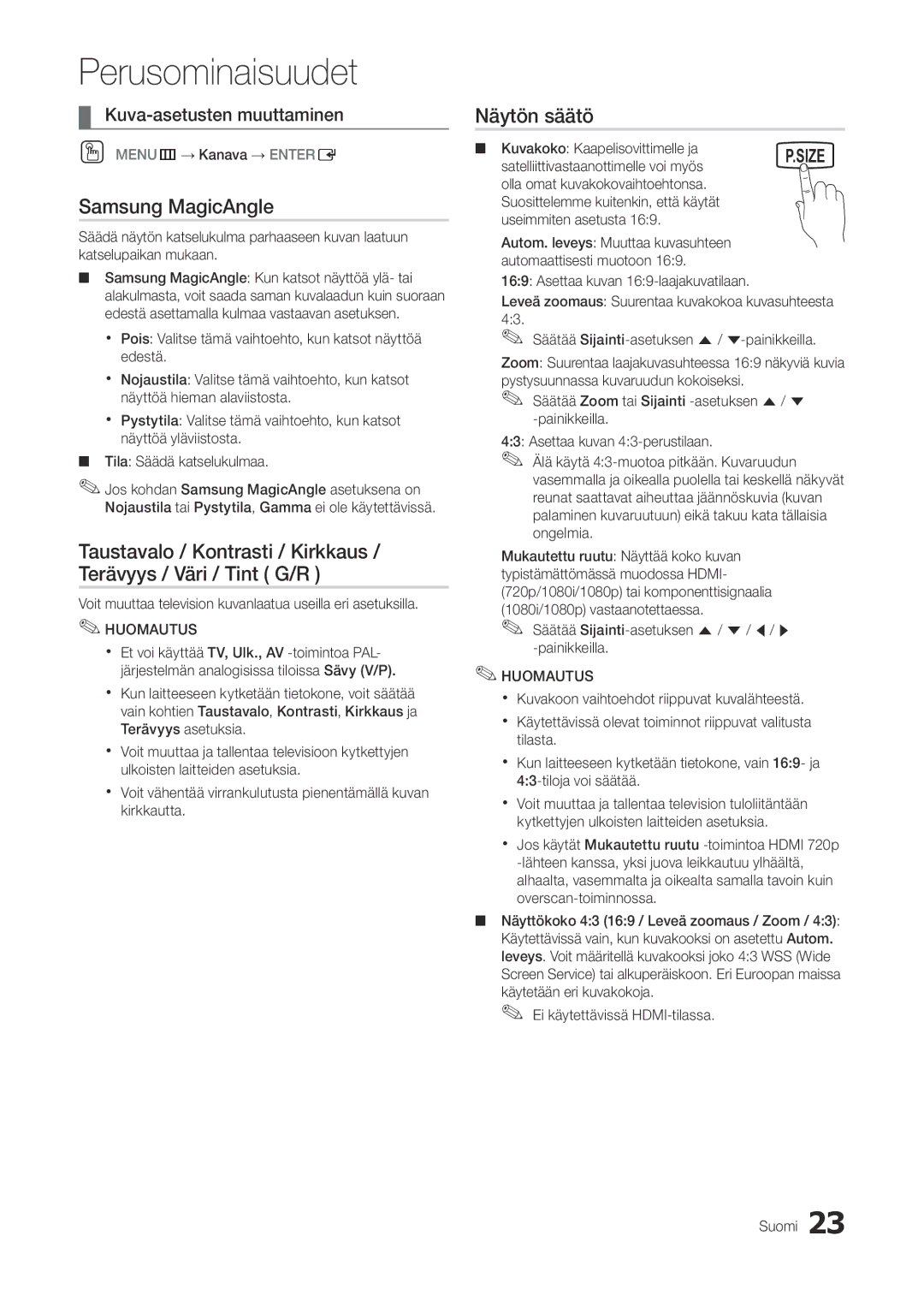 Samsung LT22A300EW/XE, LT27A300EW/XE manual Samsung MagicAngle, Näytön säätö, Kuva-asetusten muuttaminen 