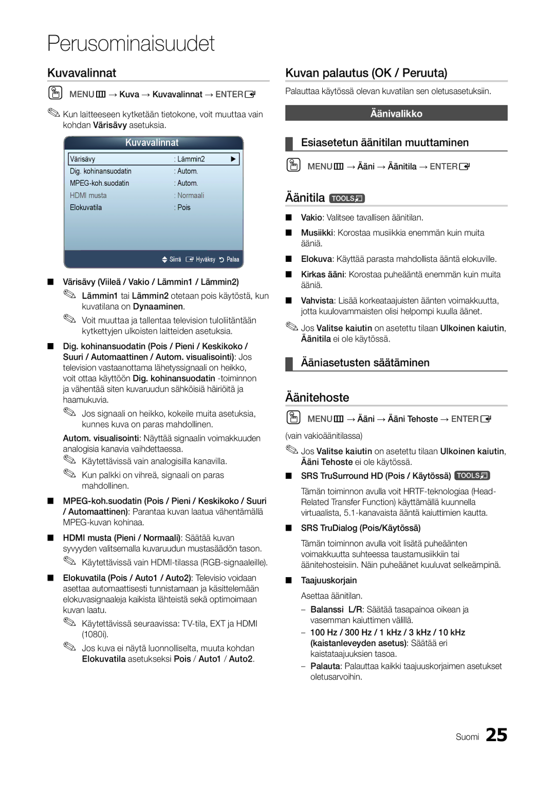 Samsung LT22A300EW/XE, LT27A300EW/XE manual Kuvavalinnat, Kuvan palautus OK / Peruuta, Äänitila t, Äänitehoste 