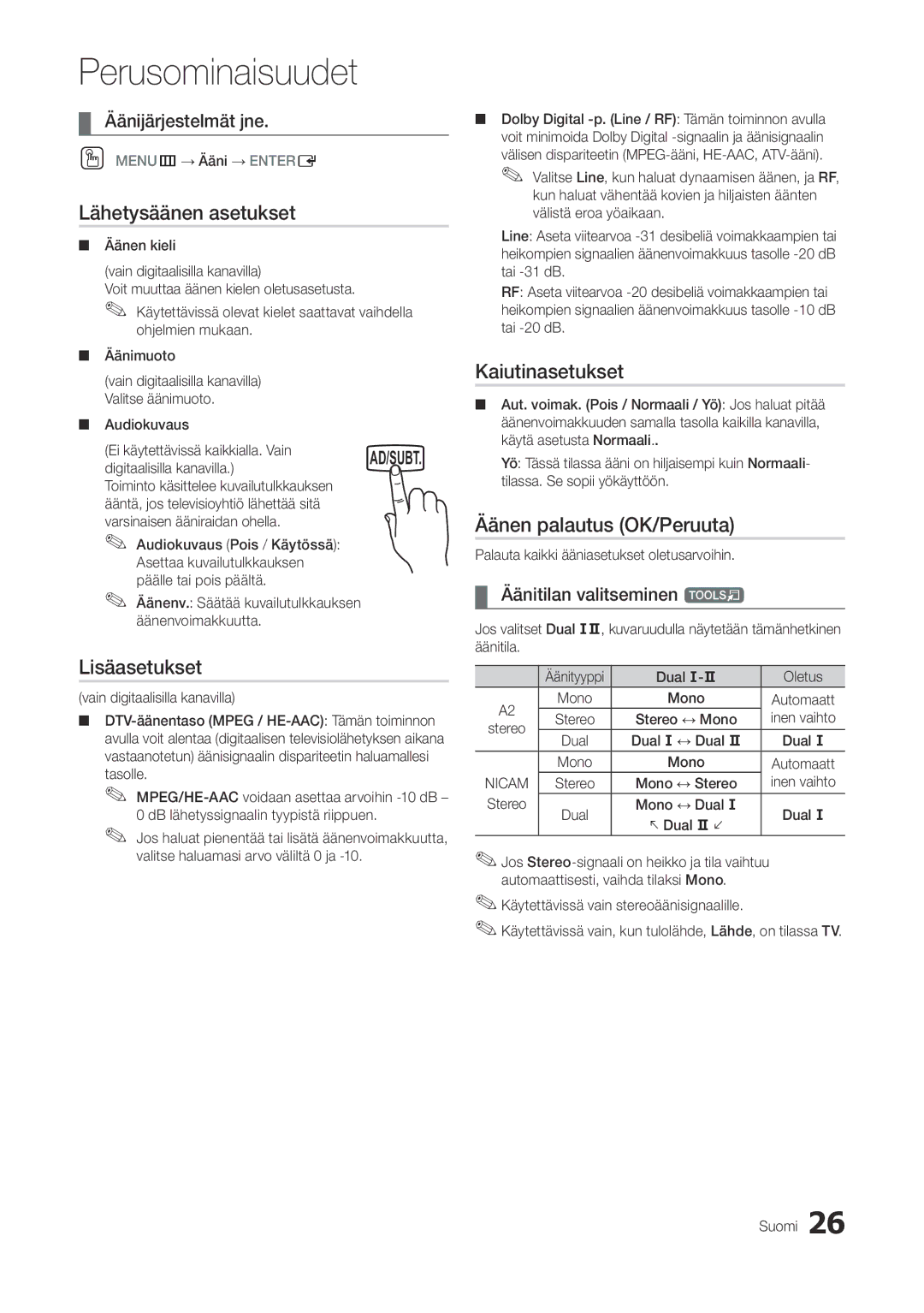 Samsung LT27A300EW/XE manual Lähetysäänen asetukset, Kaiutinasetukset, Äänen palautus OK/Peruuta, Äänijärjestelmät jne 