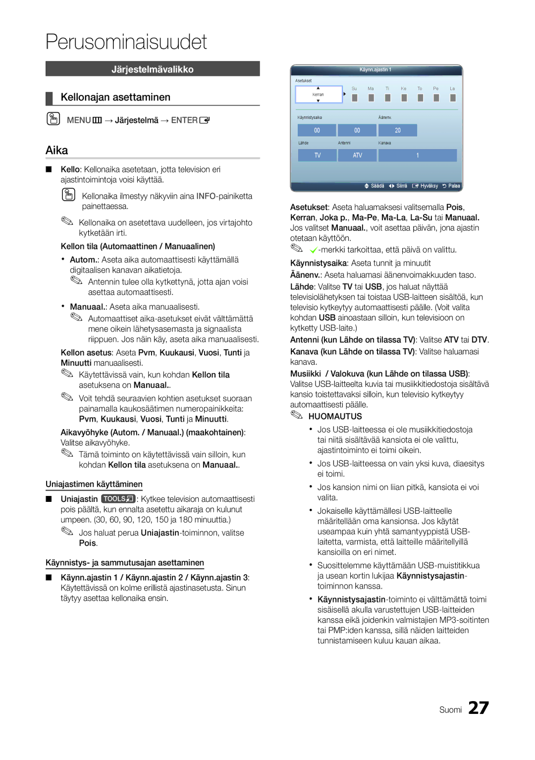 Samsung LT22A300EW/XE, LT27A300EW/XE manual Aika, Kellonajan asettaminen, Järjestelmävalikko, OO MENUm→ Järjestelmä → Entere 