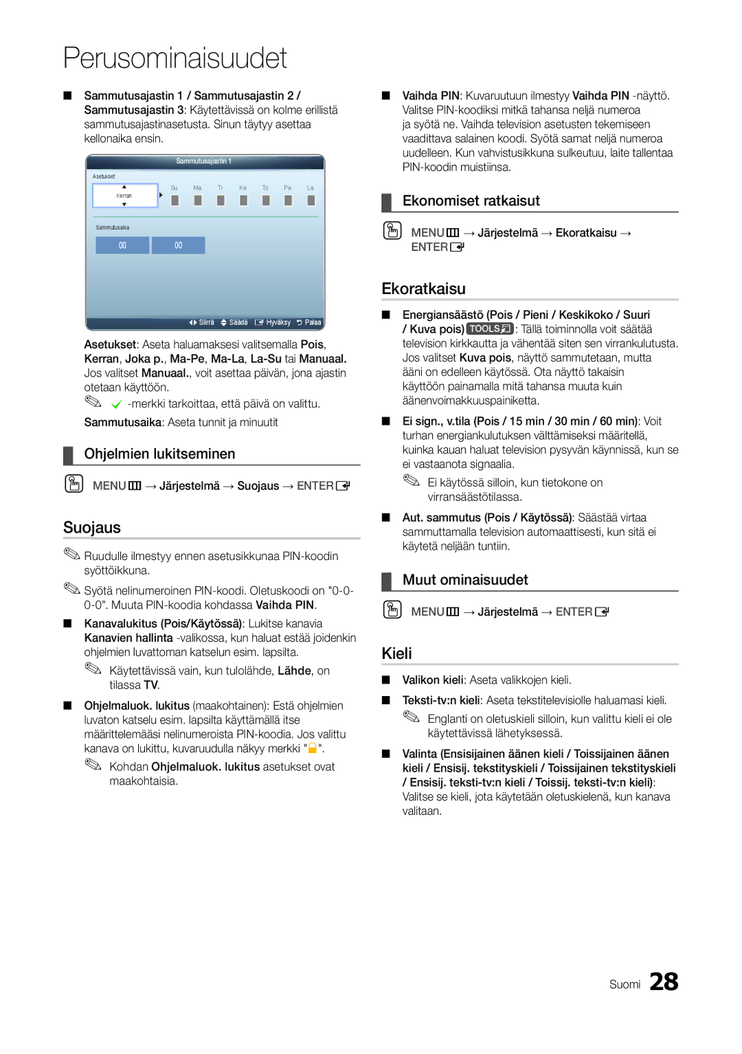 Samsung LT27A300EW/XE, LT22A300EW/XE manual Suojaus, Ekoratkaisu, Kieli 