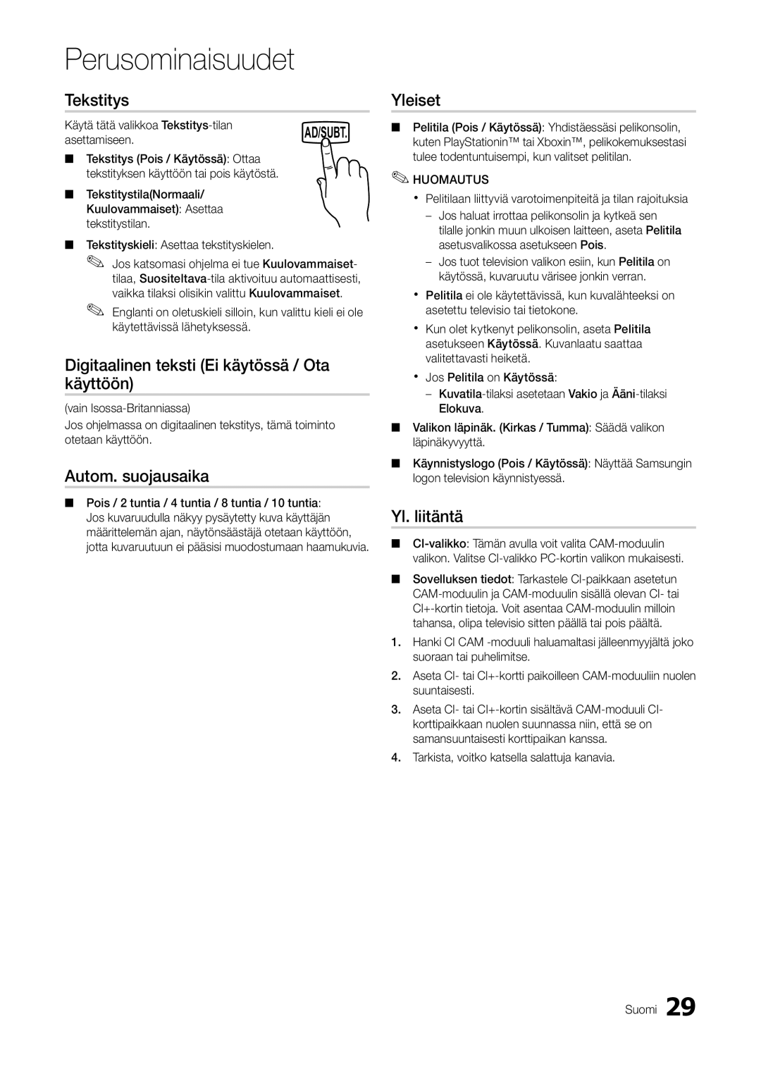 Samsung LT22A300EW/XE Tekstitys, Digitaalinen teksti Ei käytössä / Ota käyttöön, Autom. suojausaika, Yleiset, Yl. liitäntä 