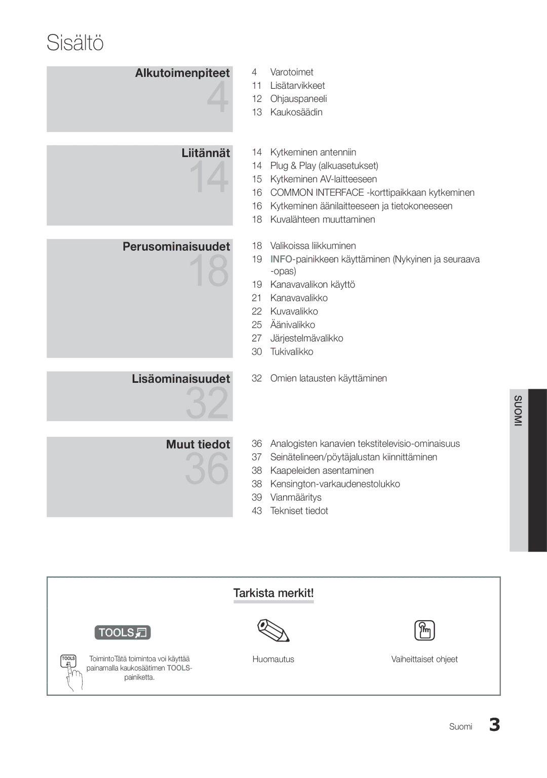 Samsung LT22A300EW/XE, LT27A300EW/XE Sisältö, Tarkista merkit, Analogisten kanavien tekstitelevisio-ominaisuus, Huomautus 