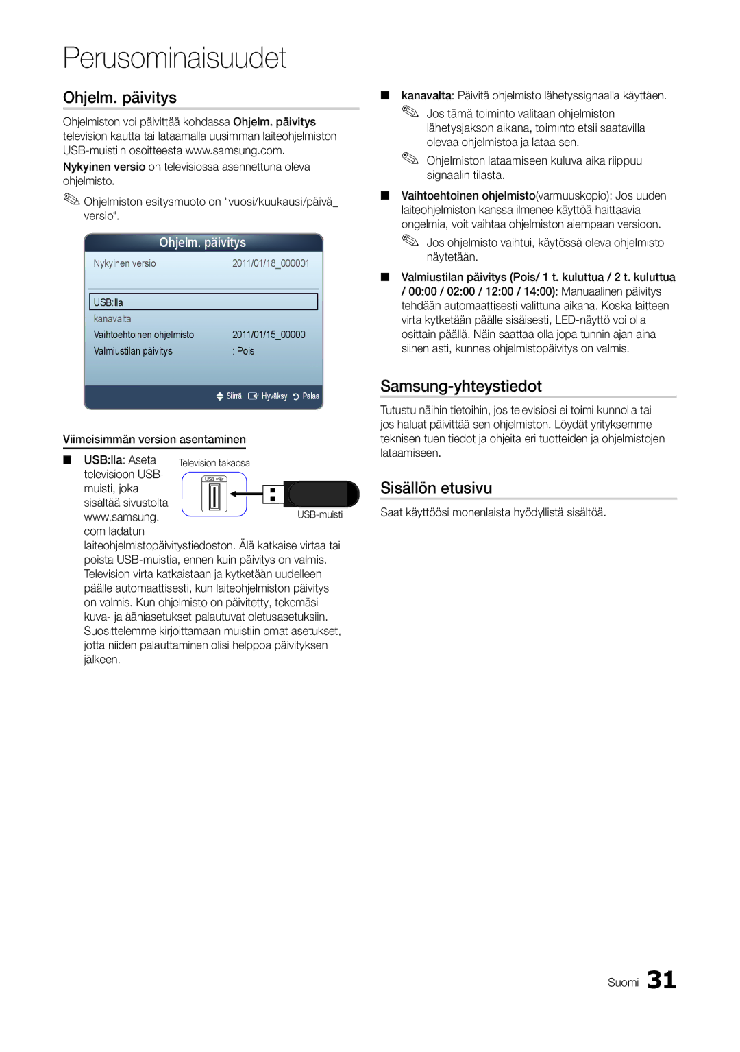 Samsung LT22A300EW/XE, LT27A300EW/XE manual Ohjelm. päivitys, Samsung-yhteystiedot, Sisällön etusivu 