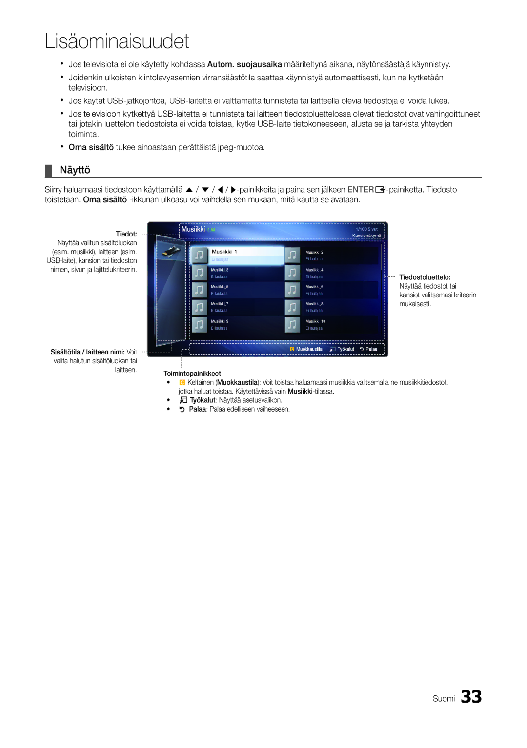 Samsung LT22A300EW/XE, LT27A300EW/XE manual Näyttö, Musiikki SUM 