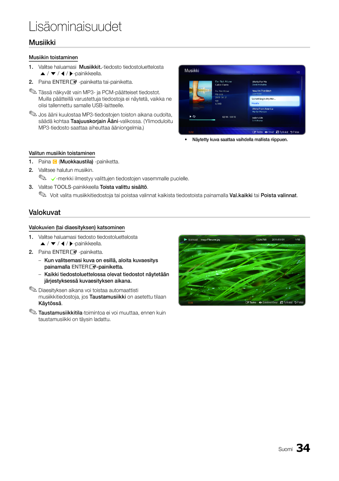 Samsung LT27A300EW/XE, LT22A300EW/XE manual Musiikki, Valokuvat 