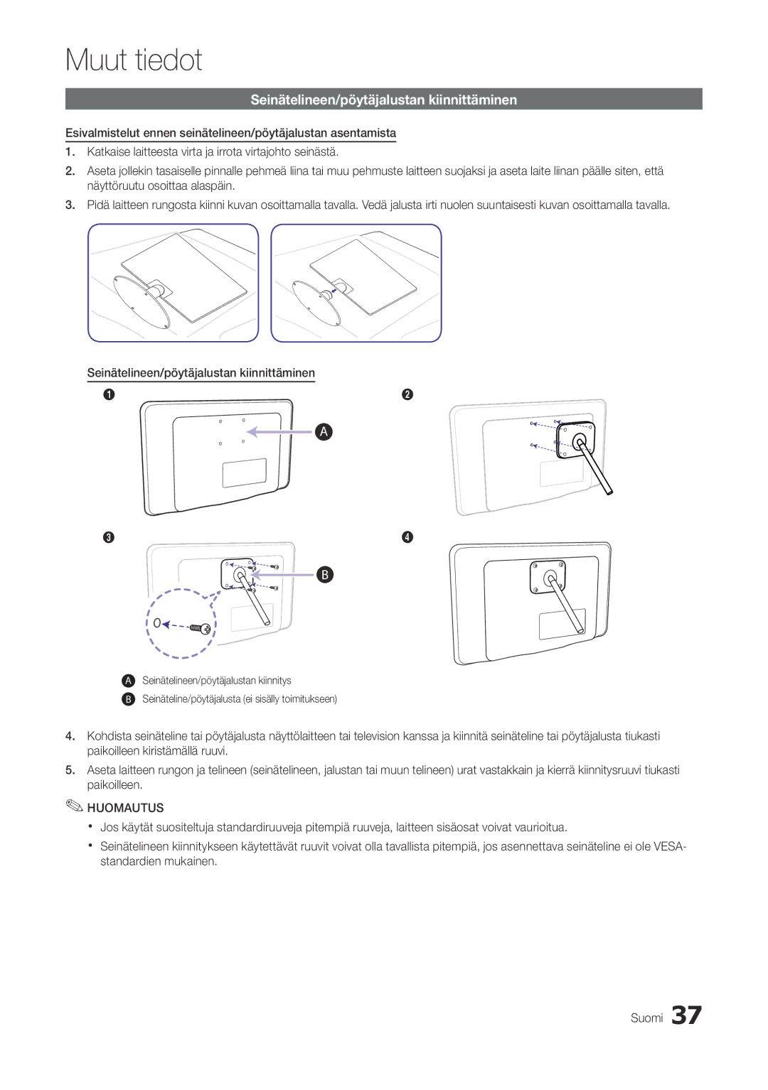 Samsung LT22A300EW/XE, LT27A300EW/XE manual Seinätelineen/pöytäjalustan kiinnittäminen 